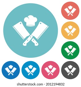 Two crossed meat cleavers and chef hat flat white icons on round color backgrounds