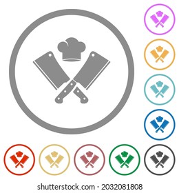 Two crossed meat cleavers and chef hat flat color icons in round outlines on white background