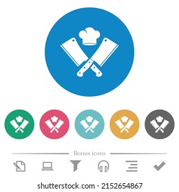 Two crossed meat cleavers and chef hat flat white icons on round color backgrounds. 6 bonus icons included.