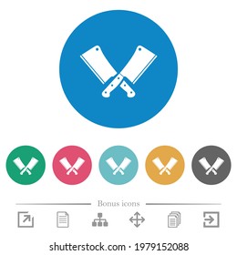 Two crossed meat cleavers flat white icons on round color backgrounds. 6 bonus icons included.