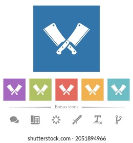 Two crossed meat cleavers flat white icons in square backgrounds. 6 bonus icons included.