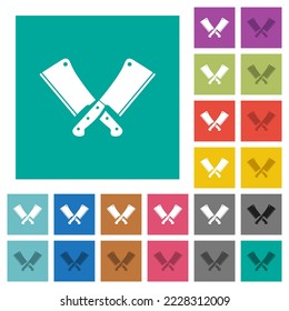 Two crossed meat cleavers multi colored flat icons on plain square backgrounds. Included white and darker icon variations for hover or active effects.