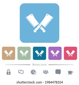 Dos limpiadores de carne cruzados con iconos planos blancos sobre fondo cuadrado redondeado de color. 6 iconos de bonificación incluidos