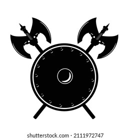 two crossed medieval battle axes and round shield - fairy tale warrior black and white vector design