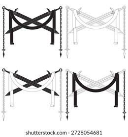 Dos espadas medievales cruzadas rodeadas por una elegante cinta y cadenas de hierro. Concepto heráldico de fuerza, unidad, honor y libertad, ideal para logotipos, emblemas históricos y diseños épicos