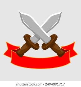 Two crossed mini swords with ribbons. Editable and scalable vector illustrations. EPS files are easy to print and prepare for filling with text. for logos, emblems, badges, icons, banners etc