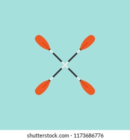 Two crossed oars. Flat vector icon isolated on blue. Rowing oars. Paddle Boat. Plastic oars. Water sport. Fishing.