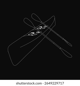 Two crossed oars on a black background, ready for rowing in a canoe. The black and white illustration highlights the simplicity and functionality of the oars.
