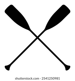 Icono de Vector de dos remos cruzados. Dos siluetas negras de kayak o remo de canoa. Señal de remos. remos de plástico. Deportes acuáticos. Rafting fluvial. Símbolo aislado en el fondo blanco.