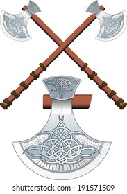 Two crossed ornate Celtic ax on a long handle