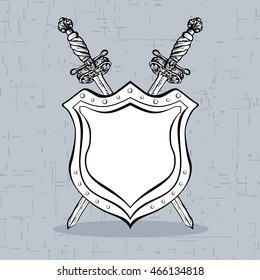 Two crossed ornate hand drawn swords and abstract shield. Vintage elements. Hipster style. Design template for logo or emblem. Copy space. Vector illustration.