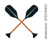 Two crossed paddles, one black and one brown, on a white background, symbolizing adventure and water sports.