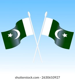 Dos banderas de Pakistán cruzadas con el fondo del cielo, simbolizando la unidad y la celebración de la independencia