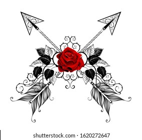 Two crossed, patterned arrows decorated with red, blooming roses with black leaves and stems on white background. Tattoo style.