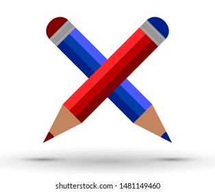 Two crossed pencil blue with red eraser and red with blue eraser with shadows. Writing implement, school supplies in flat design. Isolated on white background. Diagonal oriented. Vector illustration