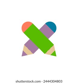 Two crossed pencil. A pair of colored wooden pencils are folded together in the shape of a cross.