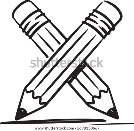 Two crossed pencils with erasers and graphite tips drawing a line writing sketching