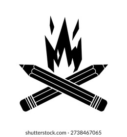 Two crossed pencils with flames rising from the intersection, symbolizing creativity and passion.
