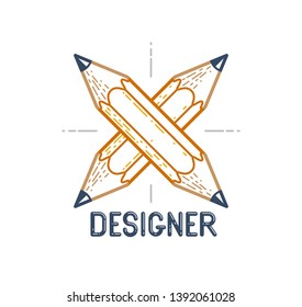 Two crossed pencils vector simple trendy logo or icon for designer or studio, creative competition, designers team, linear style.