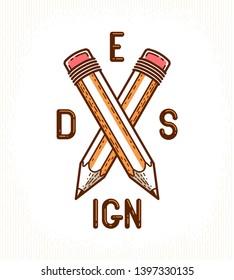 Two crossed pencils vector simple trendy logo or icon for designer or studio, creative competition, designers team, linear style.