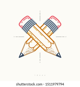 Two crossed pencils vector simple trendy logo or icon for designer or studio, creative competition, designers team, linear style.