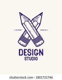 Two crossed pencils vector simple trendy logo or icon for designer or studio, creative competition, designers team, linear style.