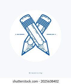 Two crossed pencils vector simple trendy logo or icon for designer or studio, creative competition, designers team, linear style.