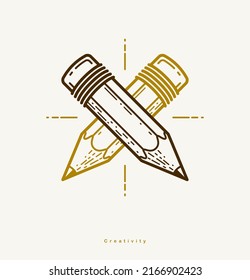 Two crossed pencils vector simple trendy logo or icon for designer or studio, creative competition, designers team, linear style.