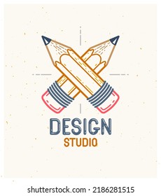 Two crossed pencils vector simple trendy logo or icon for designer or studio, creative competition, designers team, linear style.