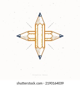 Two crossed pencils vector simple trendy logo or icon for designer or studio, creative competition, designers team, linear style.