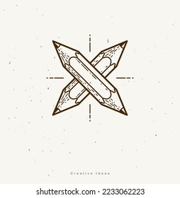 Dos lápices cruzados vectores simple trendy logo o icono para diseñador o estudio, competencia creativa, equipo de diseñadores, estilo lineal.