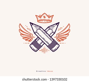 Two crossed pencils with wings and crown, vector simple trendy logo or icon for designer or studio, creative king, royal design, linear style.
