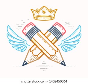 Two crossed pencils with wings and crown, vector simple trendy logo or icon for designer or studio, creative king, royal design, linear style.