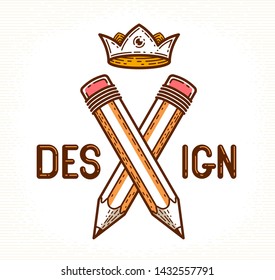 Two crossed pencils with wings and crown, vector simple trendy logo or icon for designer or studio, creative king, royal design, linear style.
