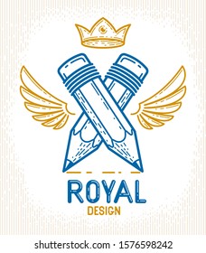 Two crossed pencils with wings and crown, vector simple trendy logo or icon for designer or studio, creative king, royal design, linear style.