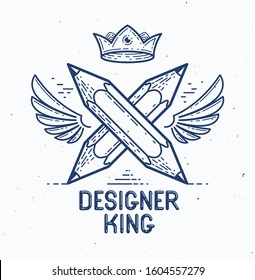 Two crossed pencils with wings and crown, vector simple trendy logo or icon for designer or studio, creative king, royal design, linear style.