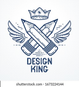 Two crossed pencils with wings and crown, vector simple trendy logo or icon for designer or studio, creative king, royal design, linear style.