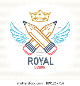 Two crossed pencils with wings and crown, vector simple trendy logo or icon for designer or studio, creative king, royal design, linear style.