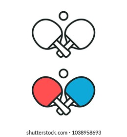 Two crossed ping pong rackets and ball emblem. Table tennis black and white line icon and color logo. Sports symbol vector illustration.