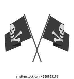 Two crossed pirate flag with skull on isolated white background. Waving Pirate Flag (Jolly Roger) in flat style. 