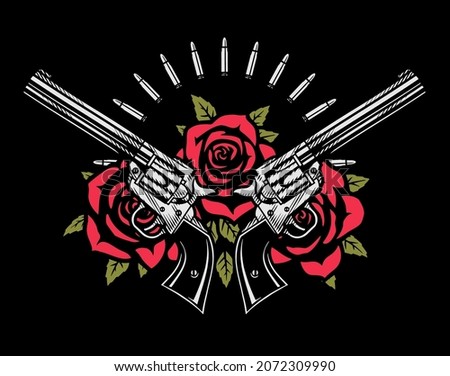 Two crossed pistols and roses.
