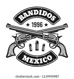 Two crossed pistols with text emblem, label, print or logo. Vector illustration in monochrome style isolated on white background