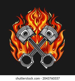 Two Crossed Pistons Burning in Flame on black background. Biker club Emblem. Vector ilustration.