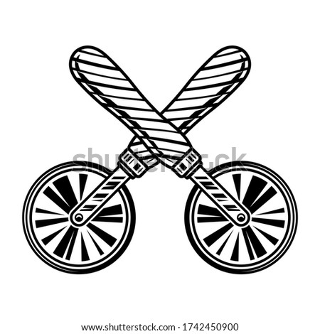Two crossed pizza cutters vector graphic object or design element in vintage monochrome style isolated on white background