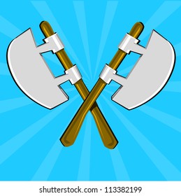 Two crossed poleaxes  and shield. Cartoon vector illustration