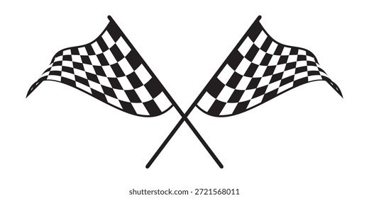 Zwei gekreuzte Rennfahnen mit kariertem Schwarz-Weiß-Druck. Start- oder Zielsymbol beim Sportwagenwettbewerb. Rallye, Karting oder Motocross-Requisiten. Sieg- oder Erfolgszeichen. Vektorgrafik.