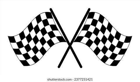 Two crossed racing flags. Formula 1 championship, isolated flags. Checkered simple flags. Vector illustration of two sport racing flags. 10 EPS.