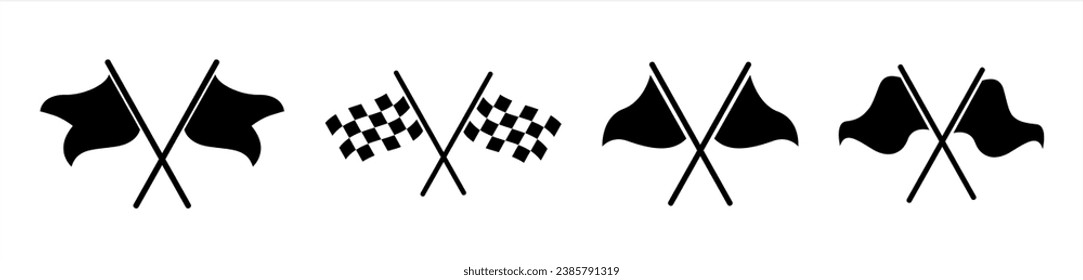 Two crossed racing flags. Formula 1 championship, isolated flags. Checkered simple flags. Vector illustration of two sport racing flags.