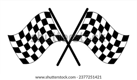 Two crossed racing flags. Formula 1 championship, isolated flags. Checkered simple flags. Vector illustration of two sport racing flags. 10 EPS.