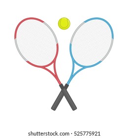 Two crossed racket and tennis ball illustration in modern flat style. Tennis club logo isolated vector. 